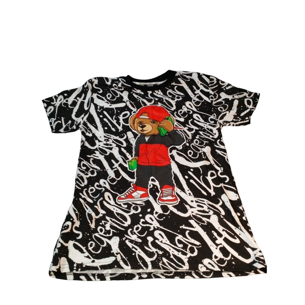 Money Bear Graffiti Tee Shirt Men Large Black‎ Allover Print Script Streetwear